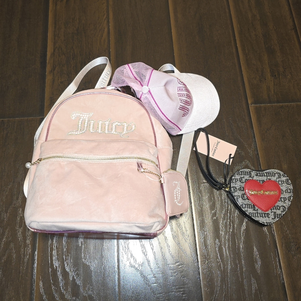 Pink Juicy Couture backpack and hat and black , grey red wristlet purse wallet